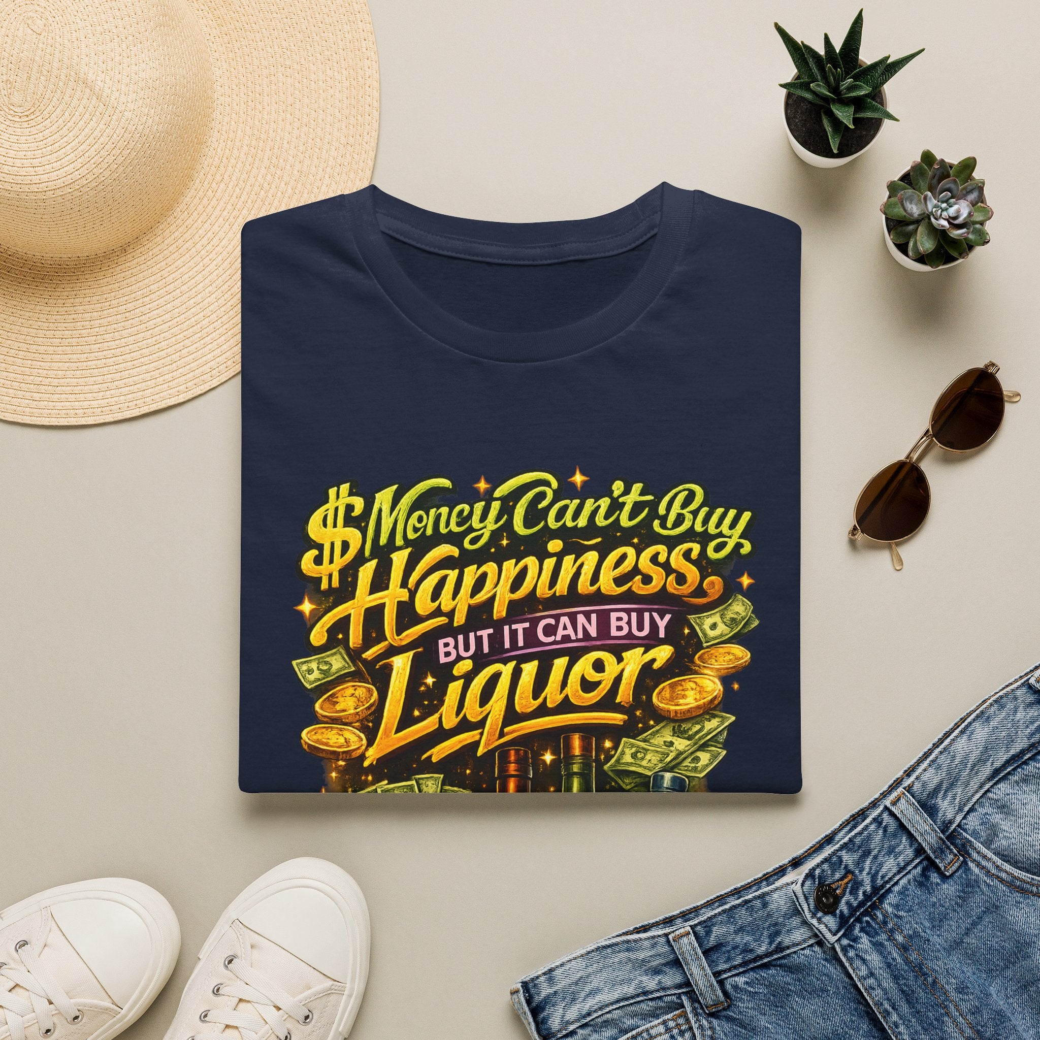 T-Shirt — “Money Can’t Buy Happiness But It Can Buy Liquor” Graphic Tee