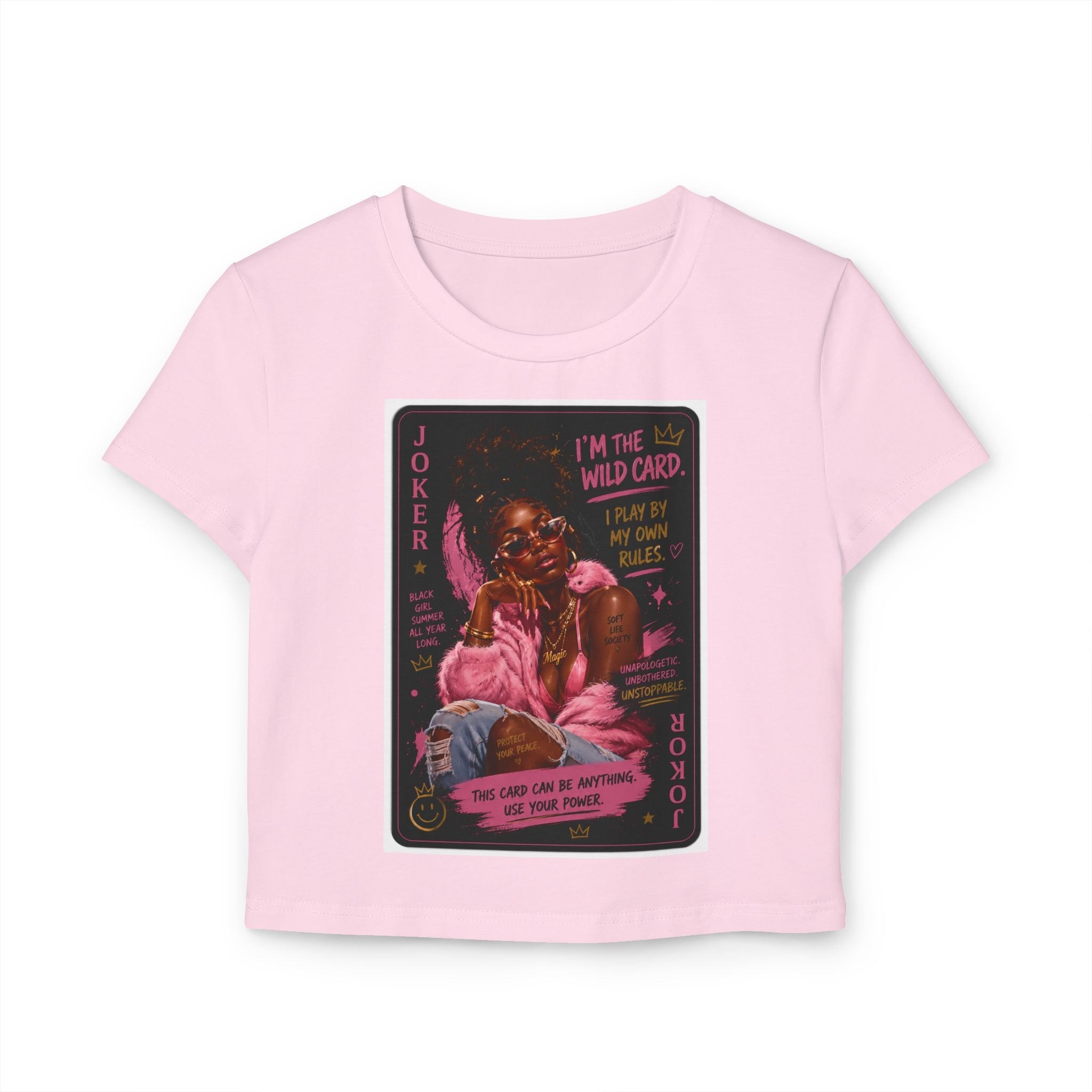 Joker Wild Card Women's Baby Tee — Retro Pink Playing Card Graphic
