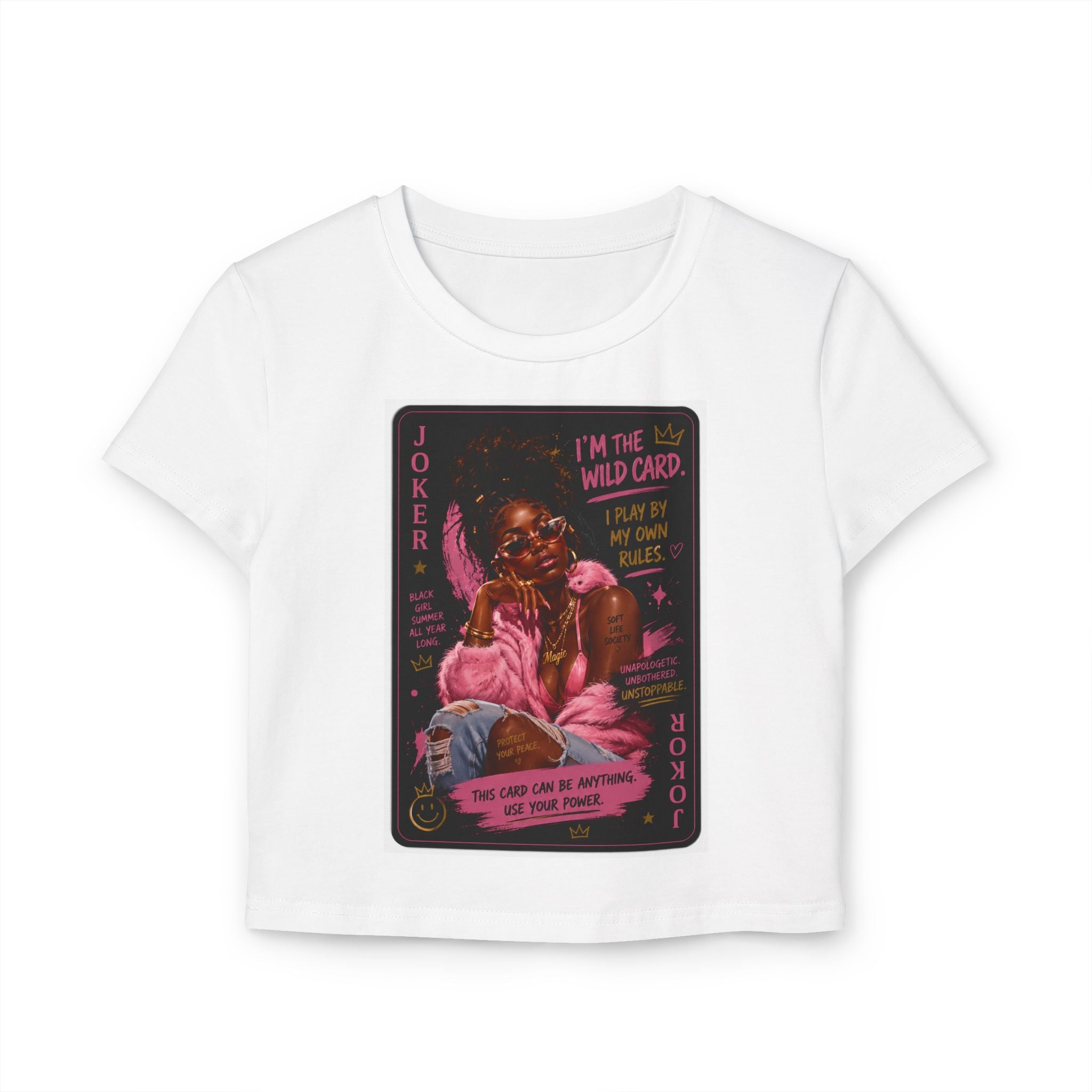 Joker Wild Card Women's Baby Tee — Retro Pink Playing Card Graphic