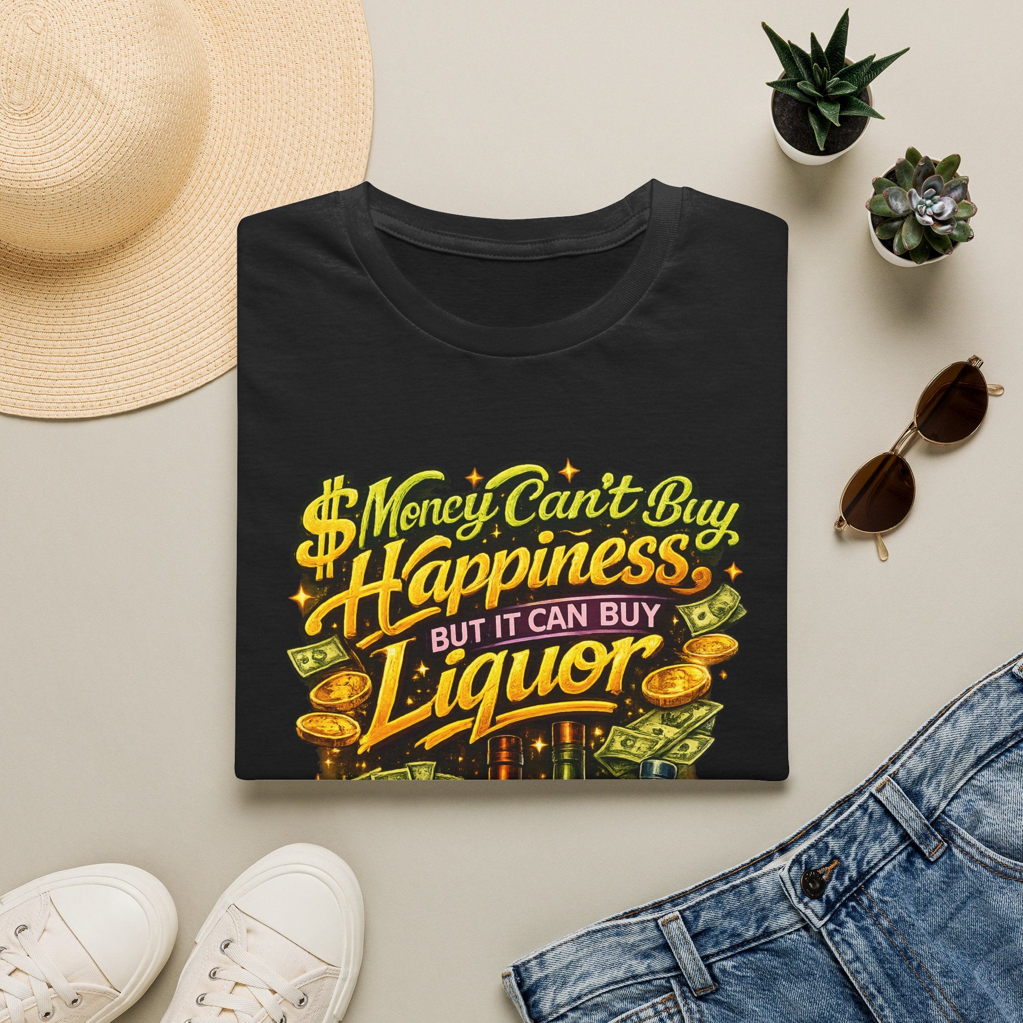 T-Shirt — “Money Can’t Buy Happiness But It Can Buy Liquor” Graphic Tee