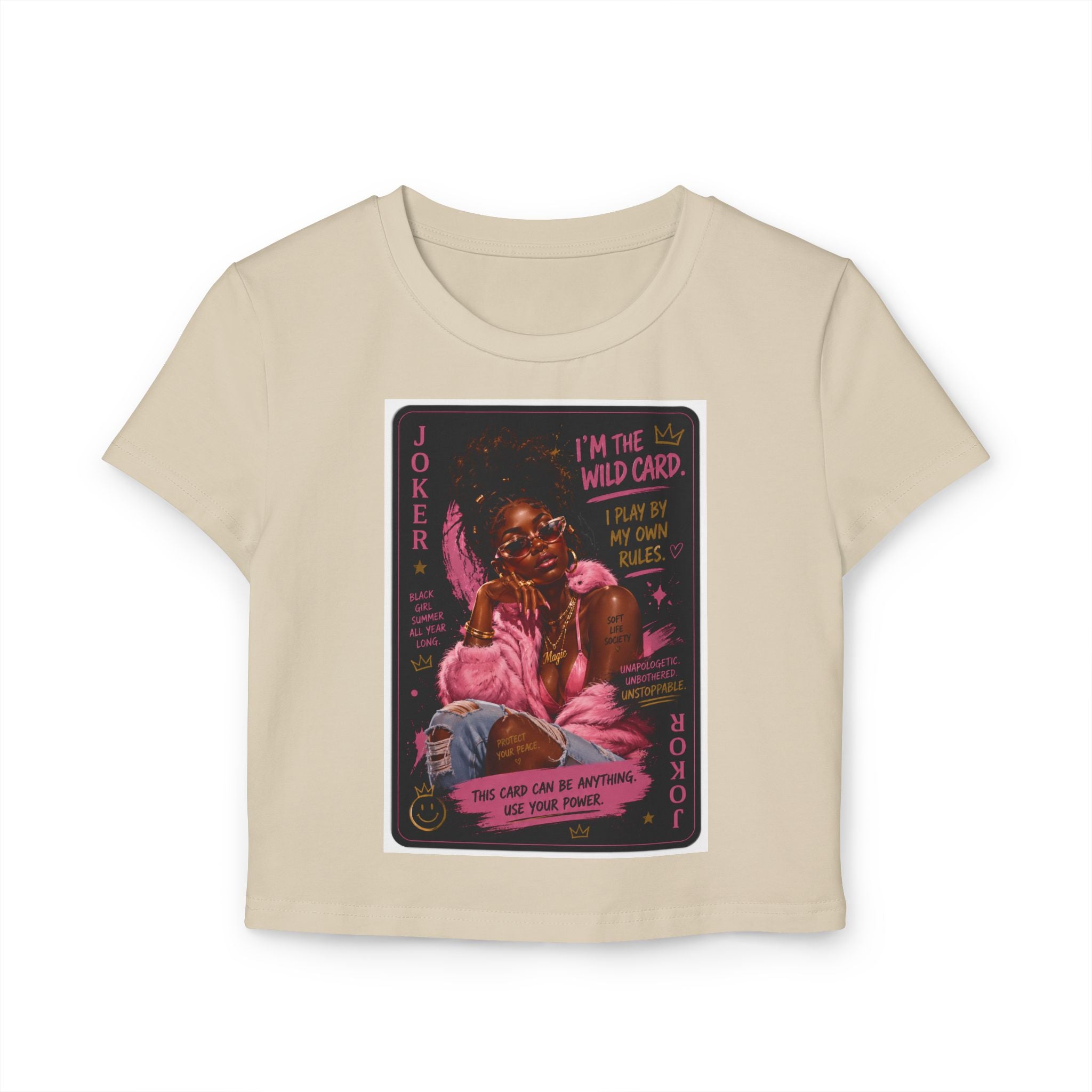 Joker Wild Card Women's Baby Tee — Retro Pink Playing Card Graphic
