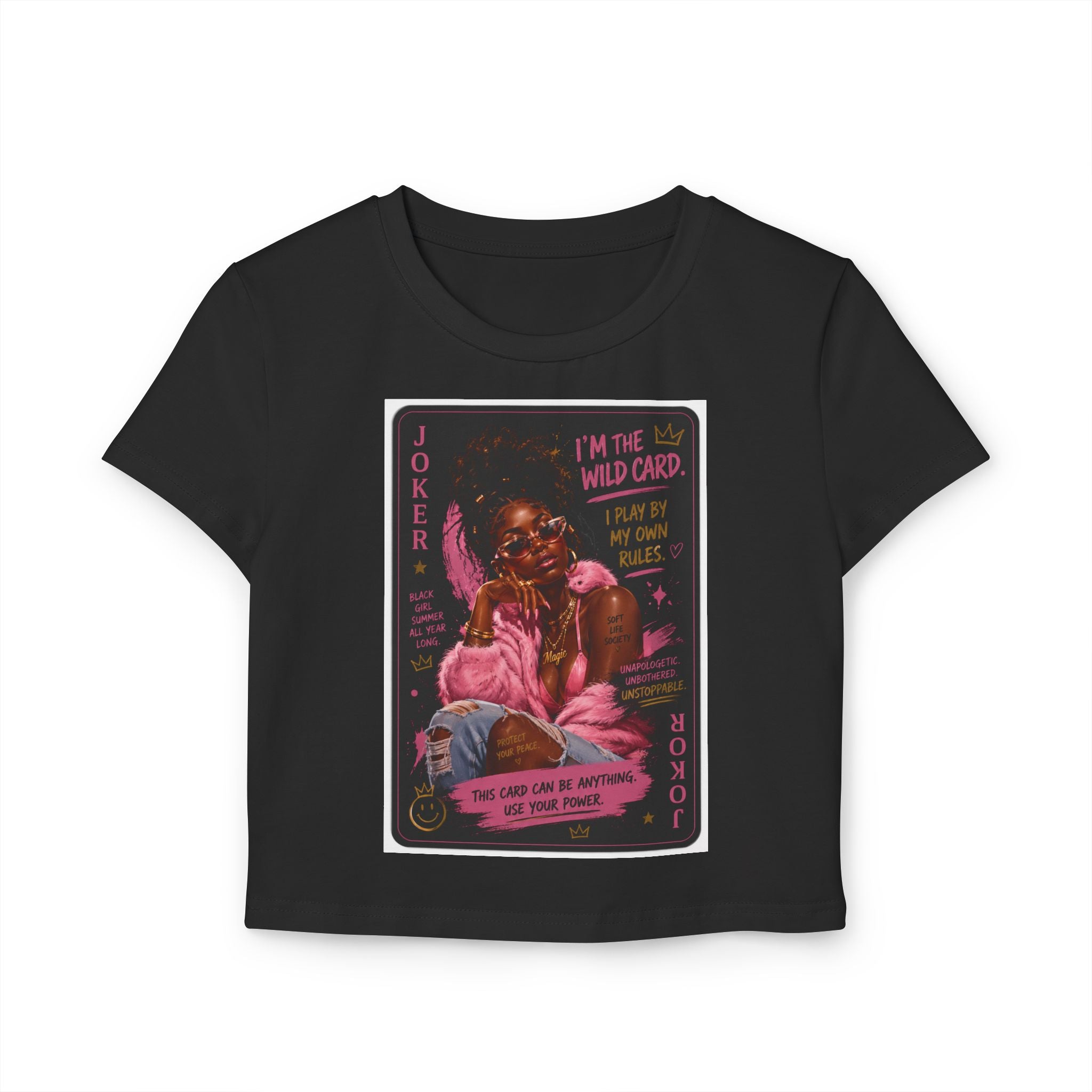 Joker Wild Card Women's Baby Tee — Retro Pink Playing Card Graphic
