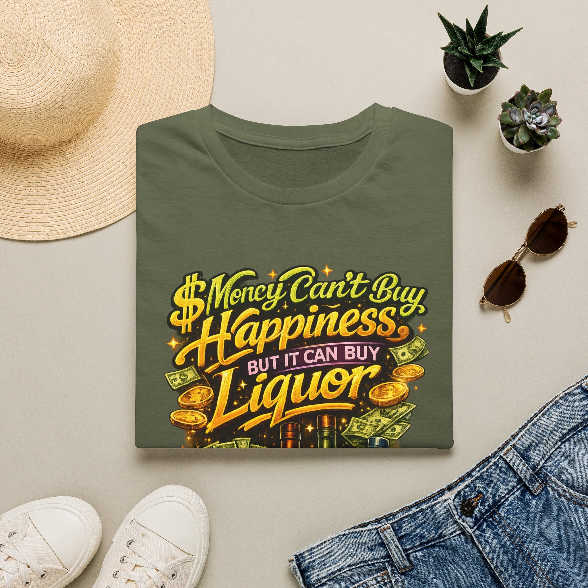 T-Shirt — “Money Can’t Buy Happiness But It Can Buy Liquor” Graphic Tee